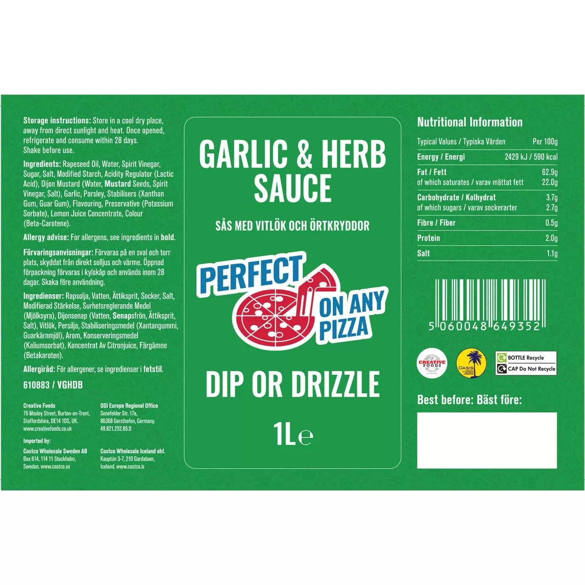 Garlic & Herb Dip or Drizzle 1L ingredients