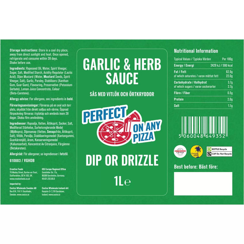 Garlic & Herb Dip or Drizzle 1L ingredients
