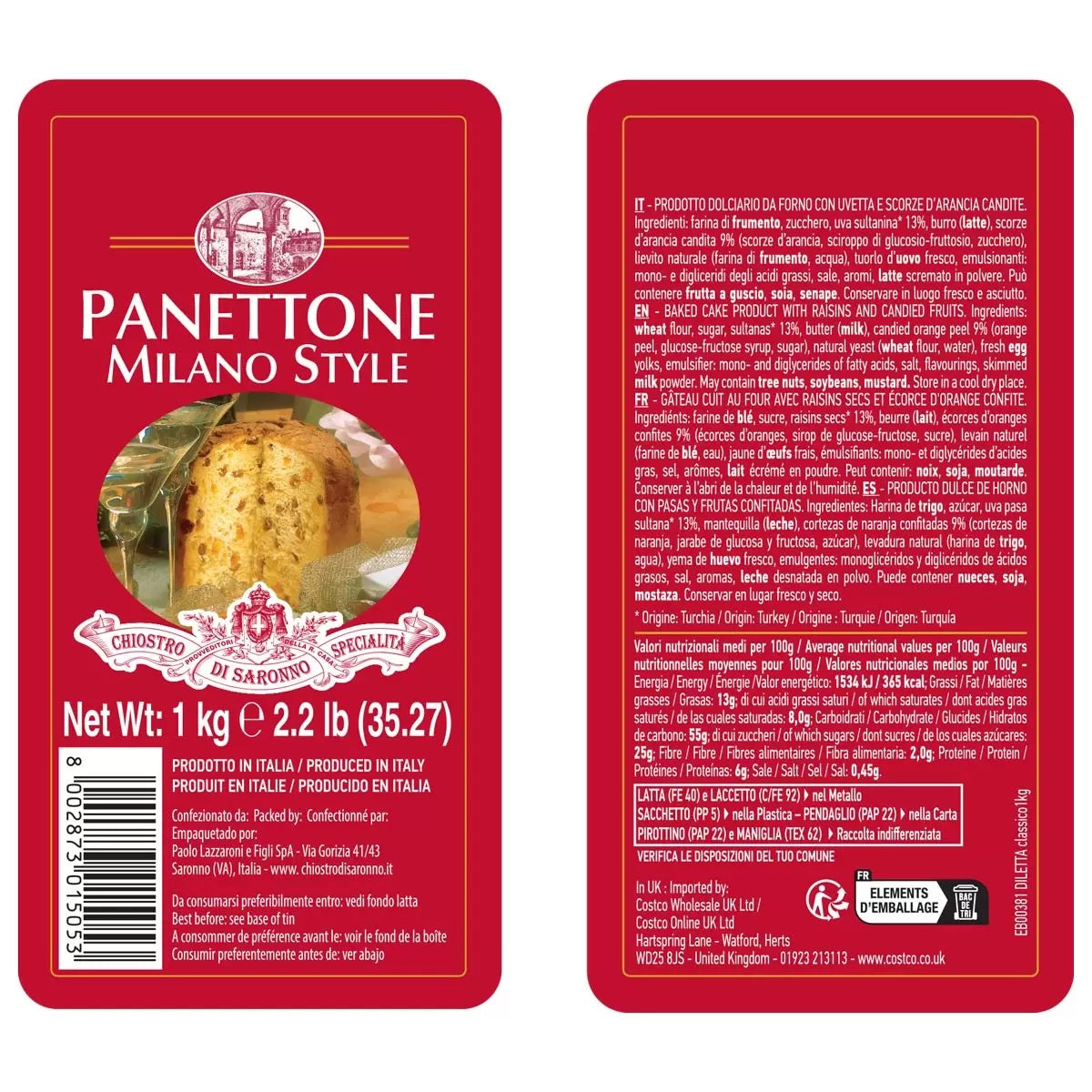 Lazzaroni Chiostro Di Saronno Classic Panettone 1kg 1