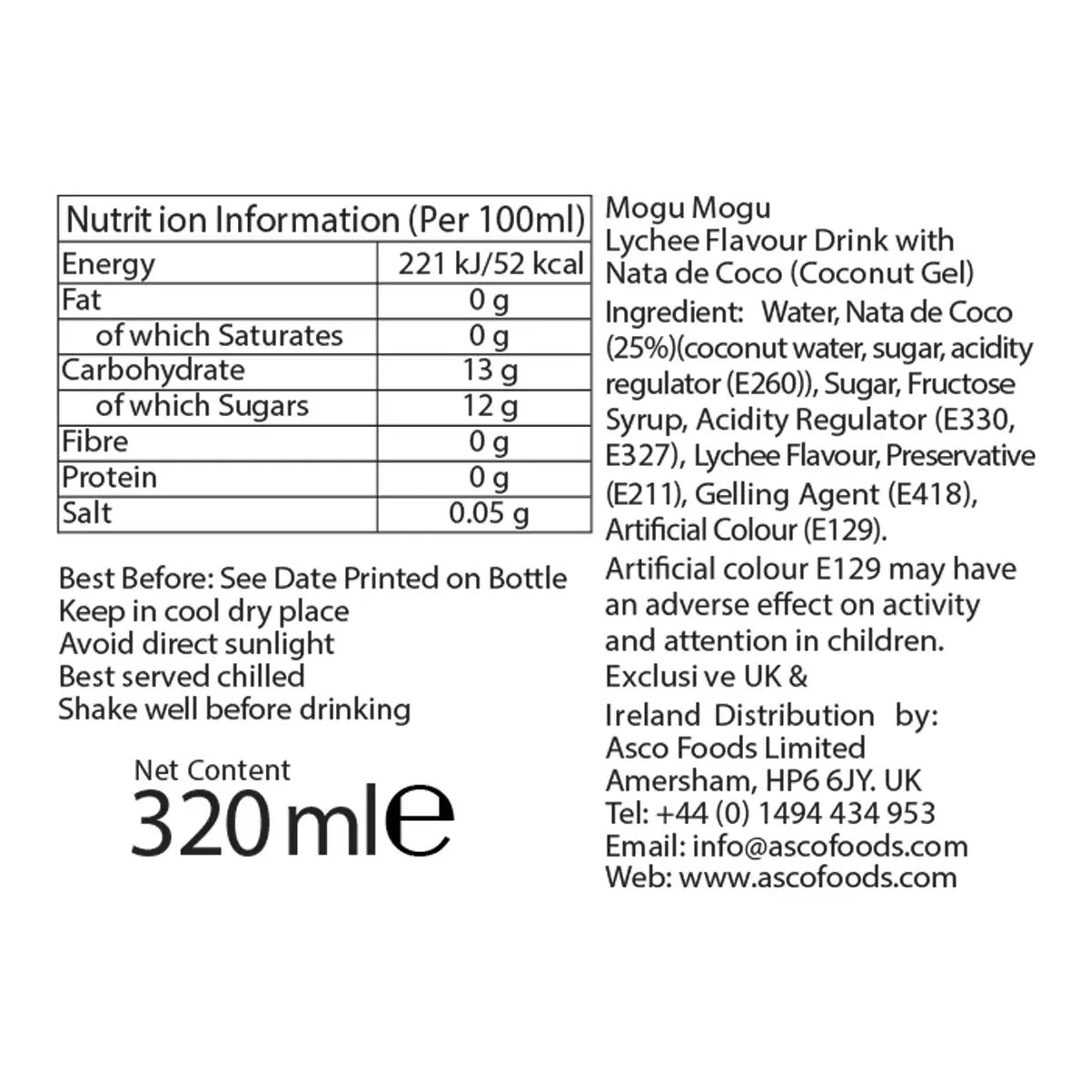 Mogu Mogu Lychee Drink 320ml ingredients