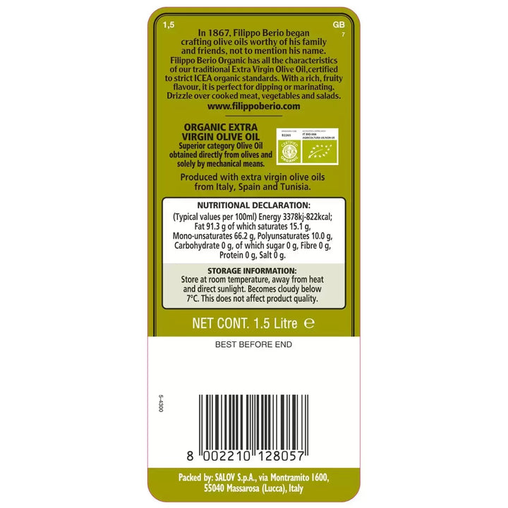 Filippo Berio Organic Extra Virgin Olive Oil 1.5L-1