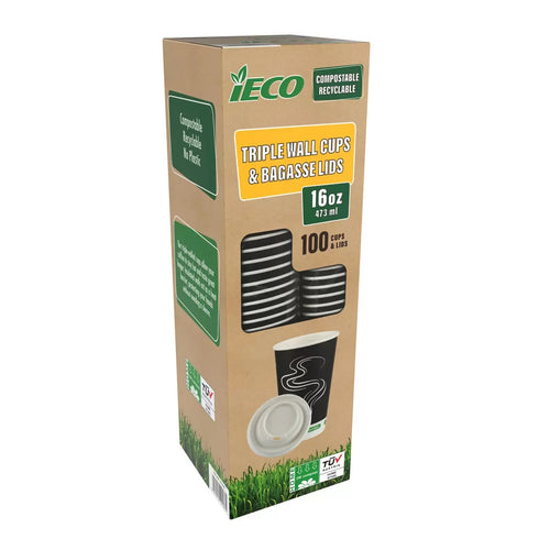 Ieco Recyclable Triple Wall Hot Cups & Lids 16oz x 100 Pack