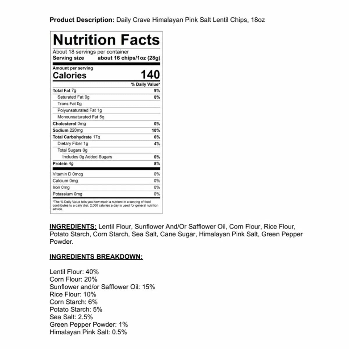 The Daily Crave Himalayan Pink Salt Lentil Chips 510g ingredient
